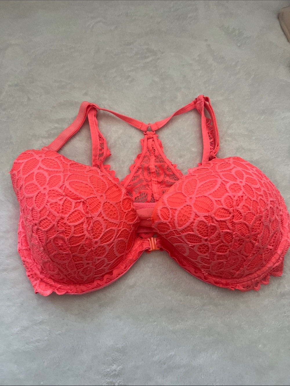 PINK Victoria's Secret Neon Coral Lace Racerback Bra